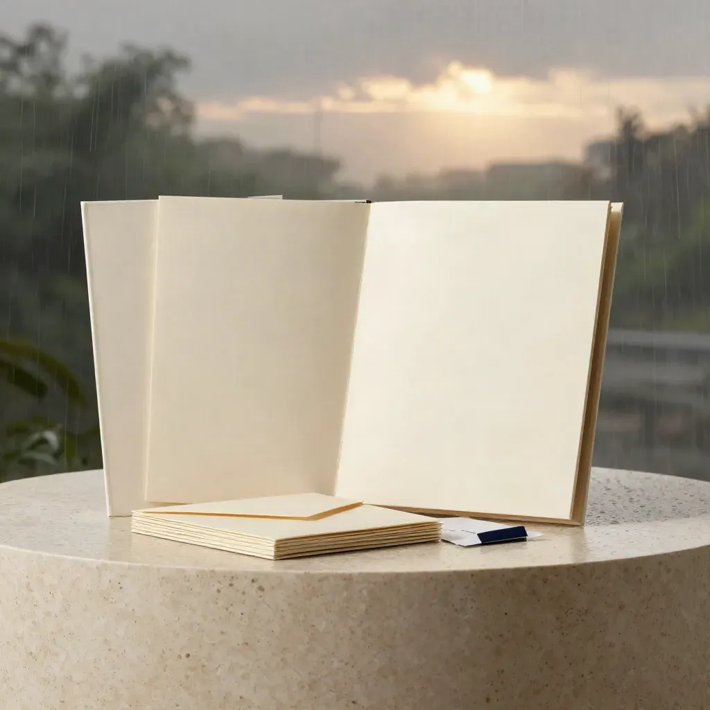 Cream startup research kit box with folios, insert stack, envelope and sample packet on travertine.