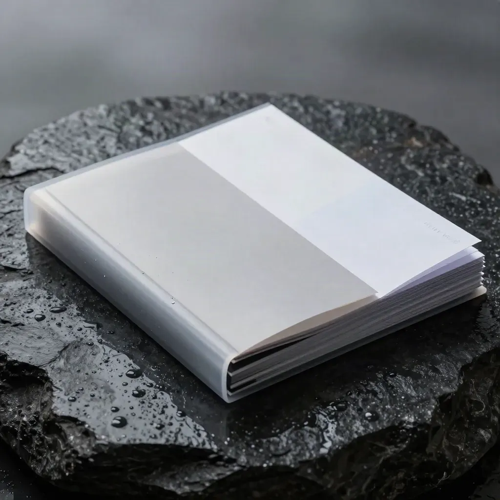 Charcoal research dossier with acetate sleeves and swatches on wet basalt under cool mist.