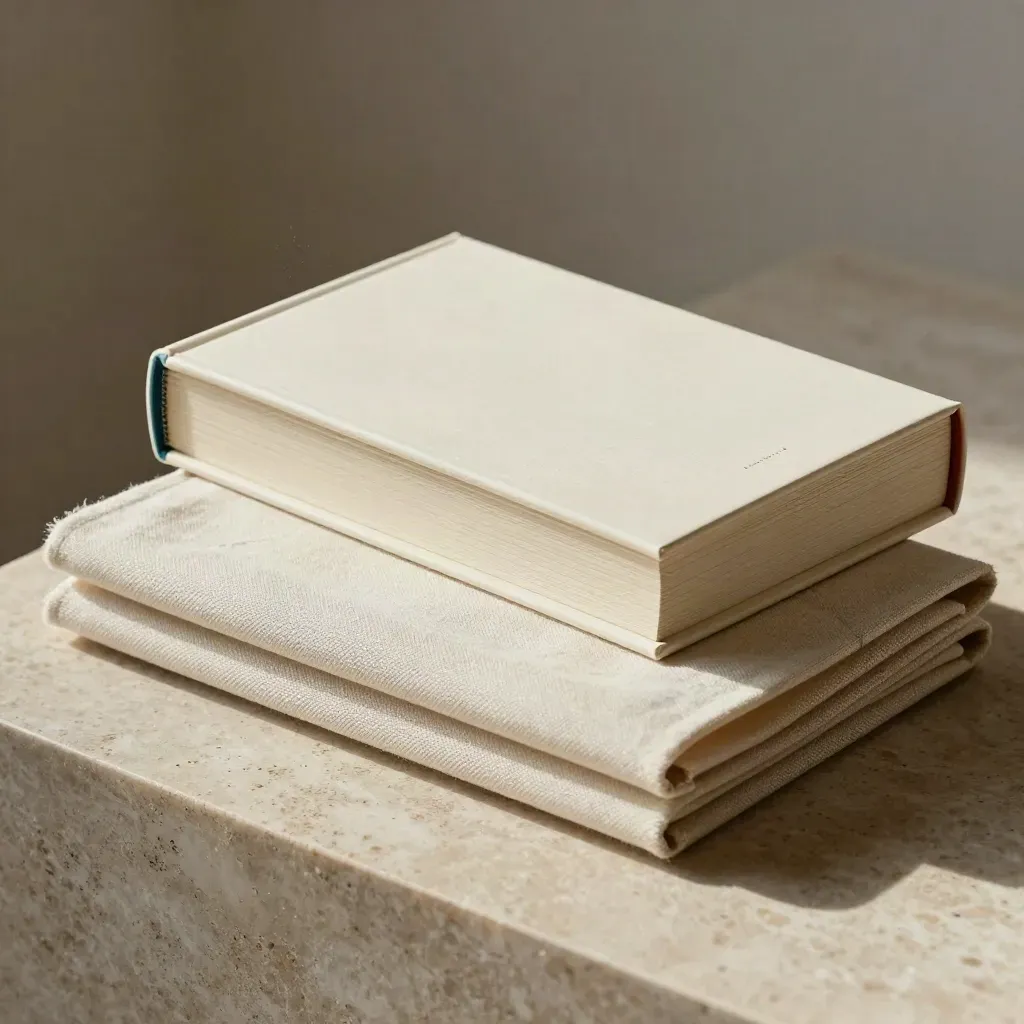 Ivory research volumes and slipcase on limestone with a muted teal accent, overhead studio lighting.