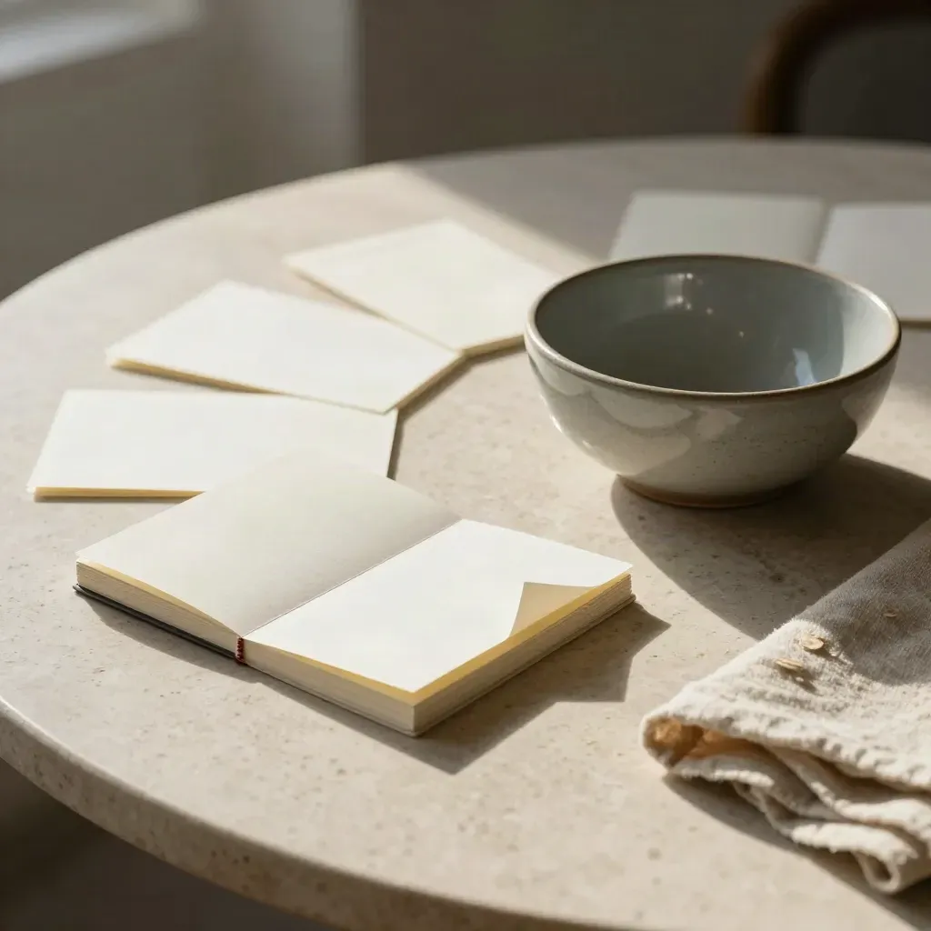 Round research cards, slate ceramic bowl, and folded linen on travertine in soft daylight.