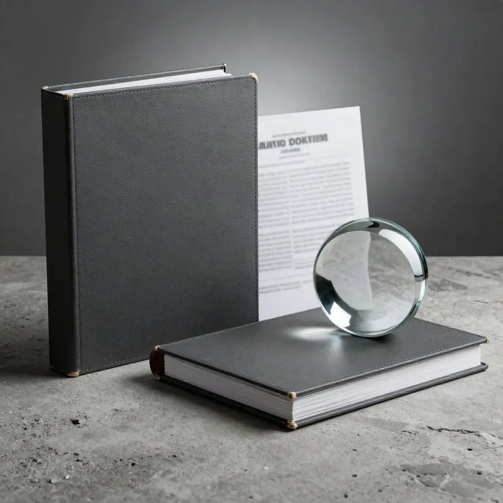 Dark audit binder, glass paperweight and evidence strip on cold concrete with dramatic white rim light.
