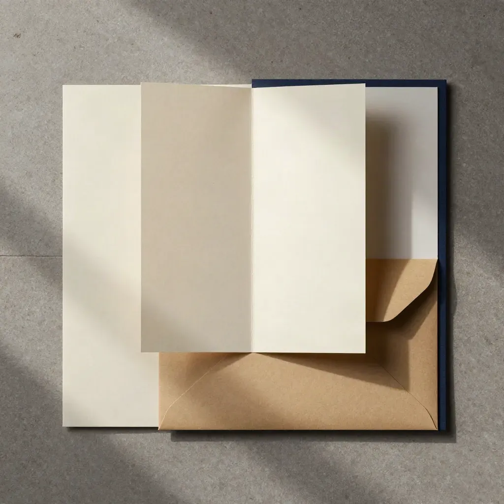 Overhead flatlay of a cream research summary packet, accordion insert, and sealed envelope on brushed stone.