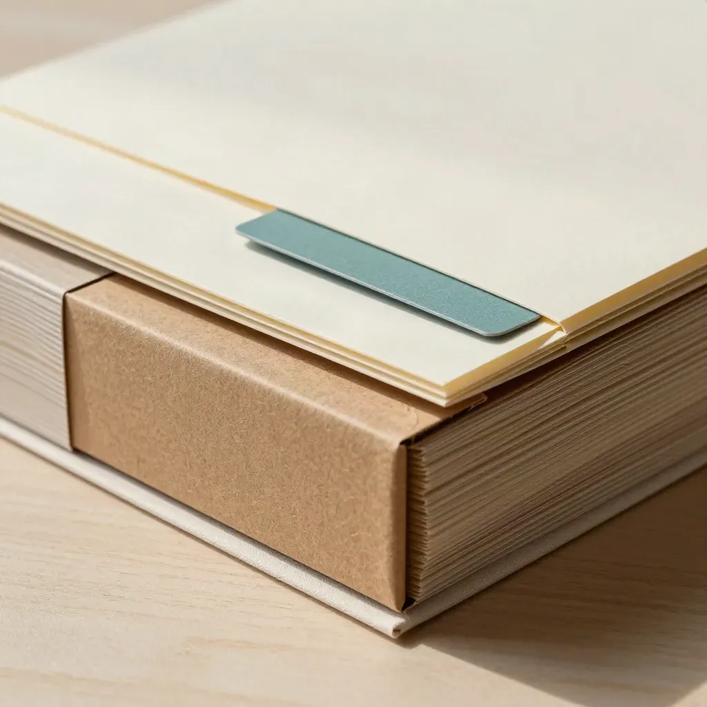 Macro of folders, sample box and card sleeve stacking on pale oak with a muted teal pull-tab.