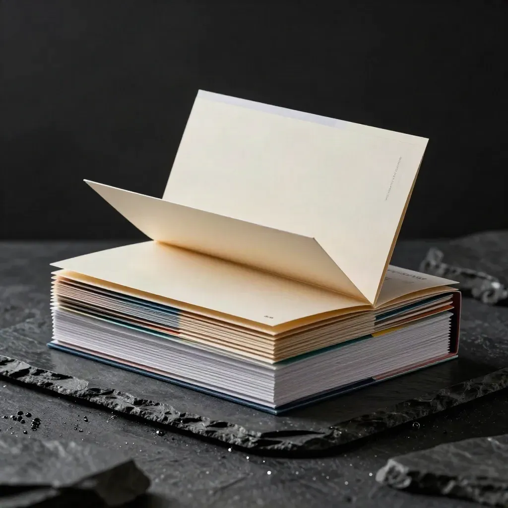 Stacked research folders and sample cards surging on a wet slate plinth in dramatic studio light.