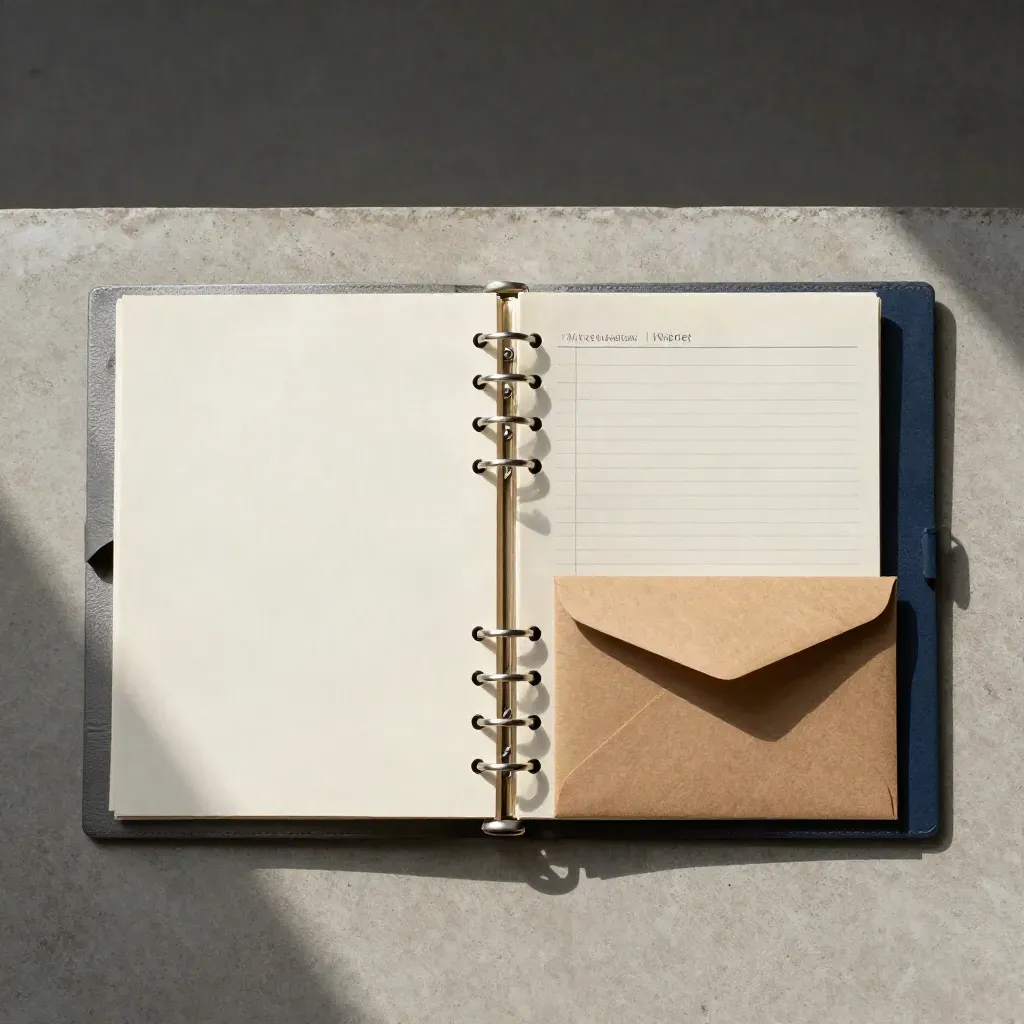 Overhead flatlay of a ring-bound health tracker, blank cards, and a sealed envelope on concrete.