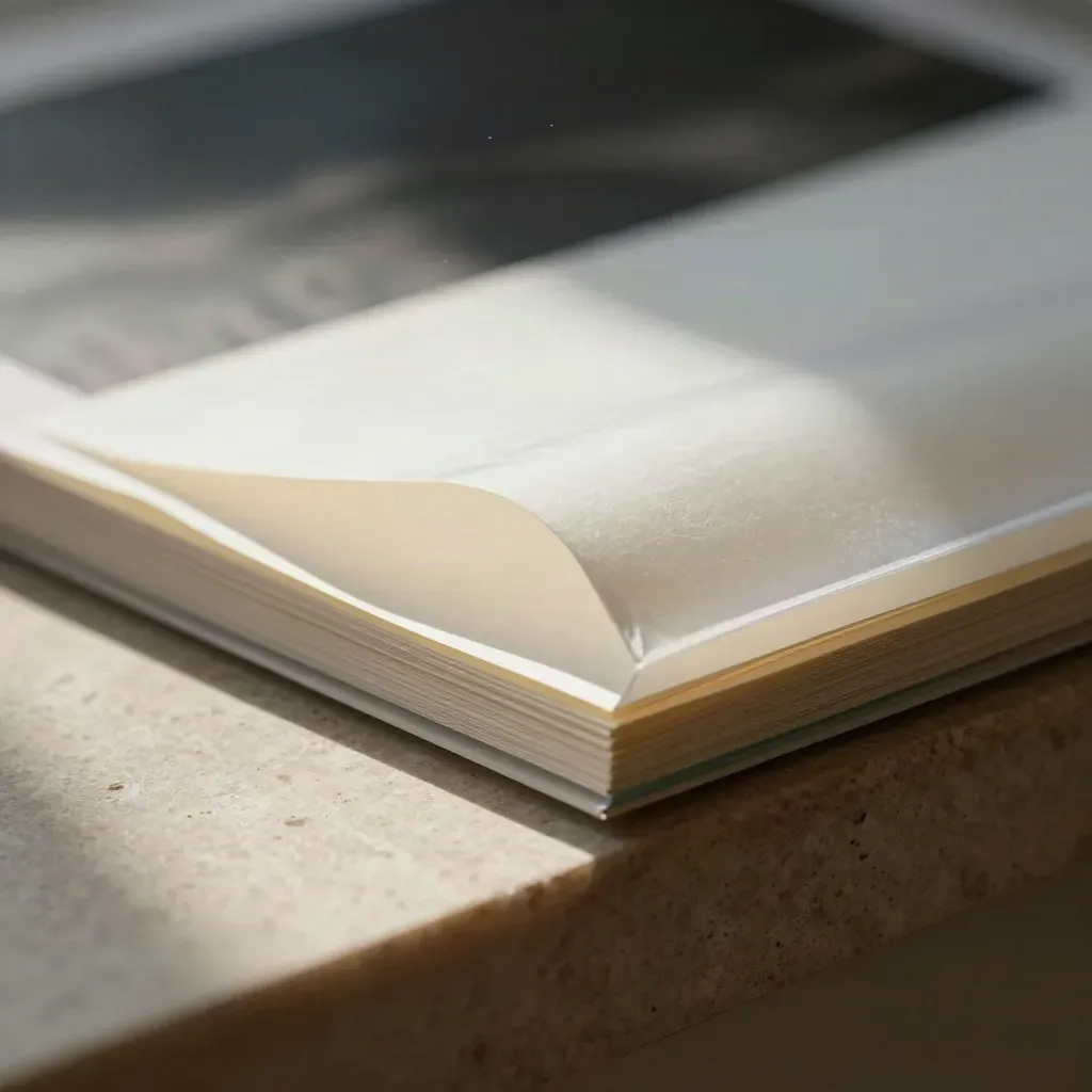 Macro of a translucent sleeve holding a cotton-paper brief packet on brushed stone with teal glow.