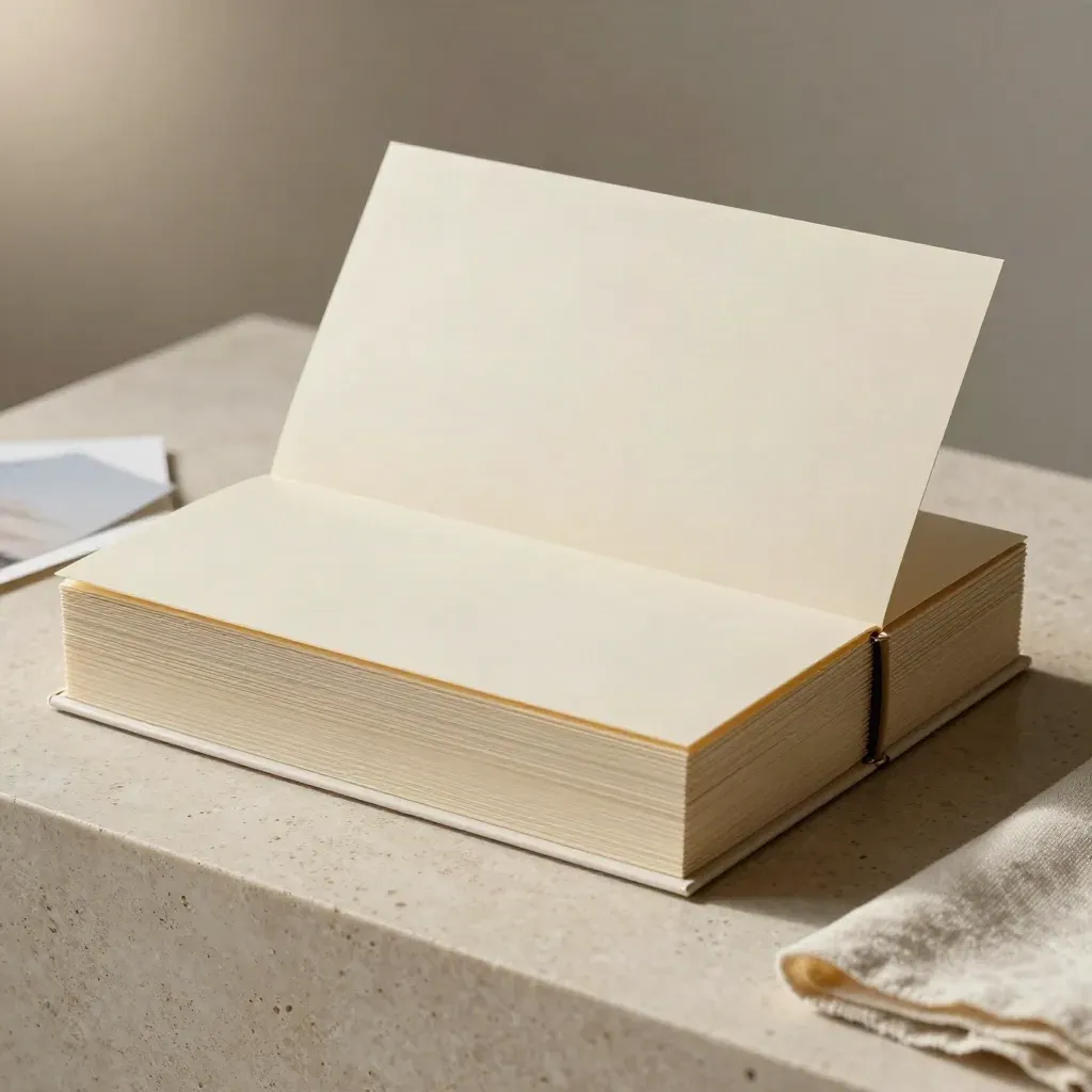 Ivory pitch folio bundle and open box on travertine with soft studio light