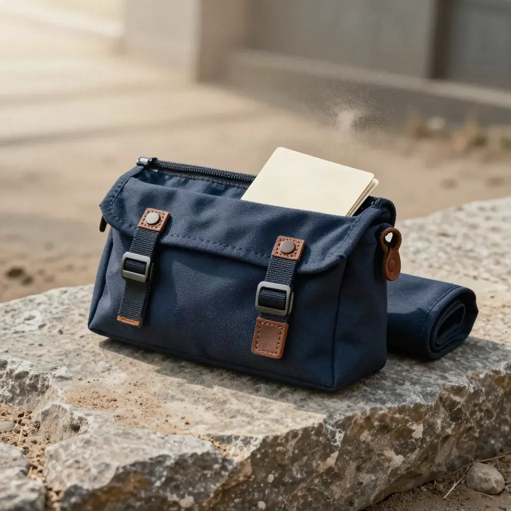 Navy survey pouch with blank cards on a limestone step in soft outdoor light