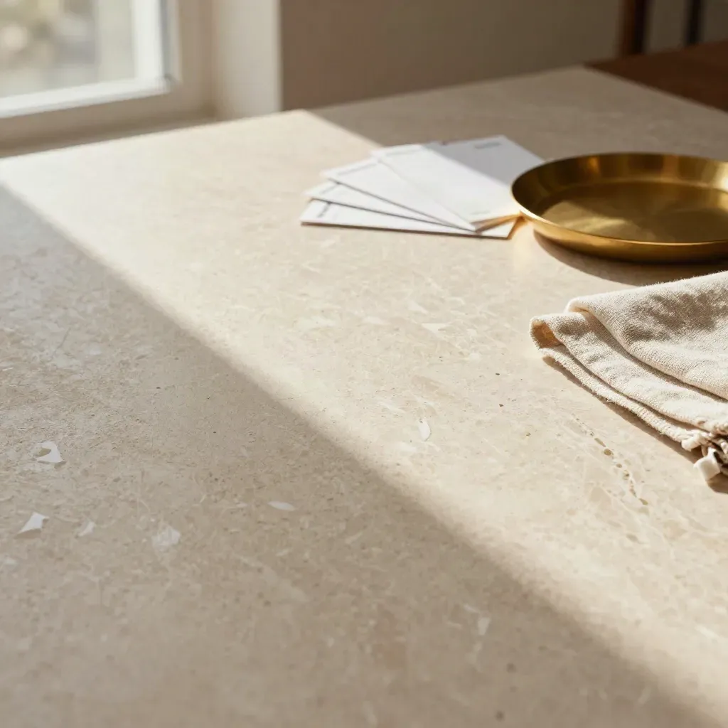 Travertine design studio with paper survey cards and a brass tray in warm light