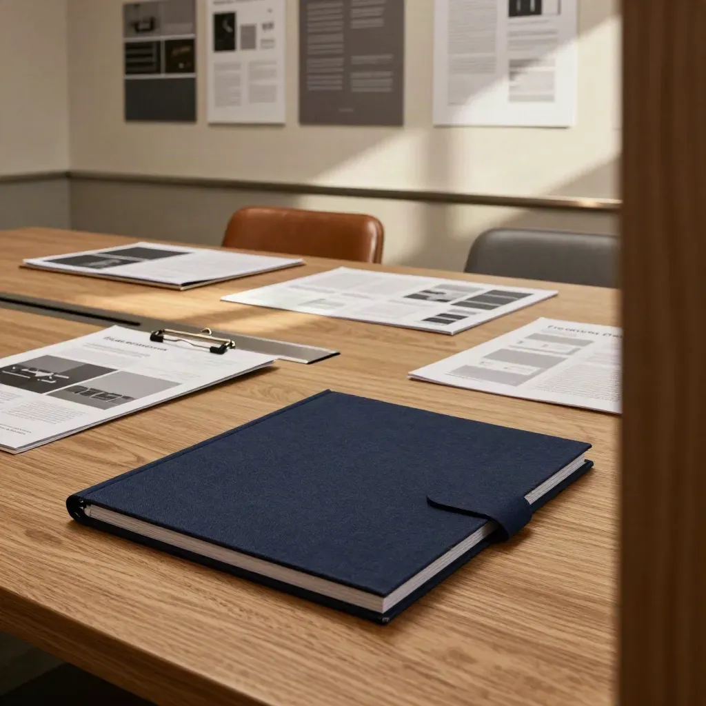 Warm oak meeting room with research folders, blurred boards, and sunbeams across a calm surface.