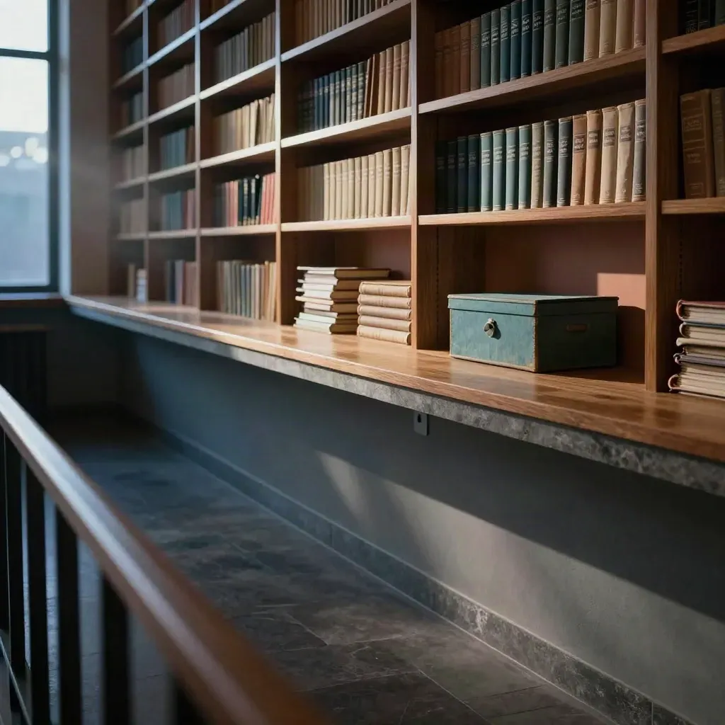 Blue-hour library mezzanine with walnut shelves, oak table, and shadowed copy space.