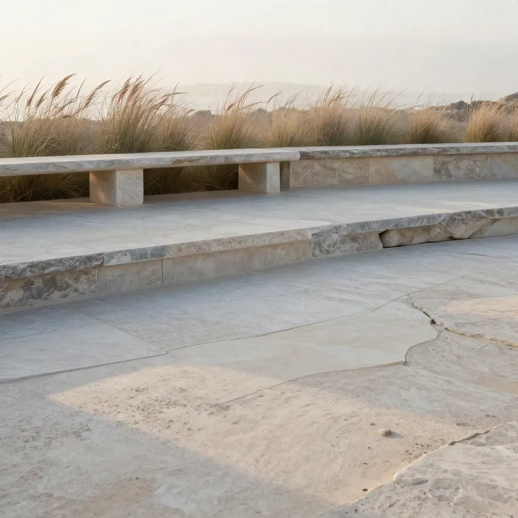 Limestone terrace garden at dawn with pale grasses, stone bench, and sea mist.