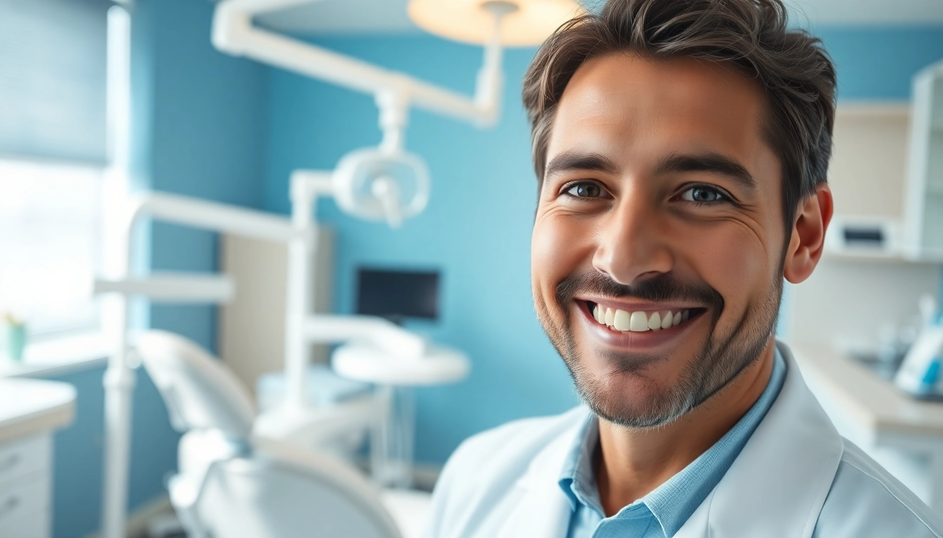 Friendly dentist showcasing professionalism in a modern dental office.