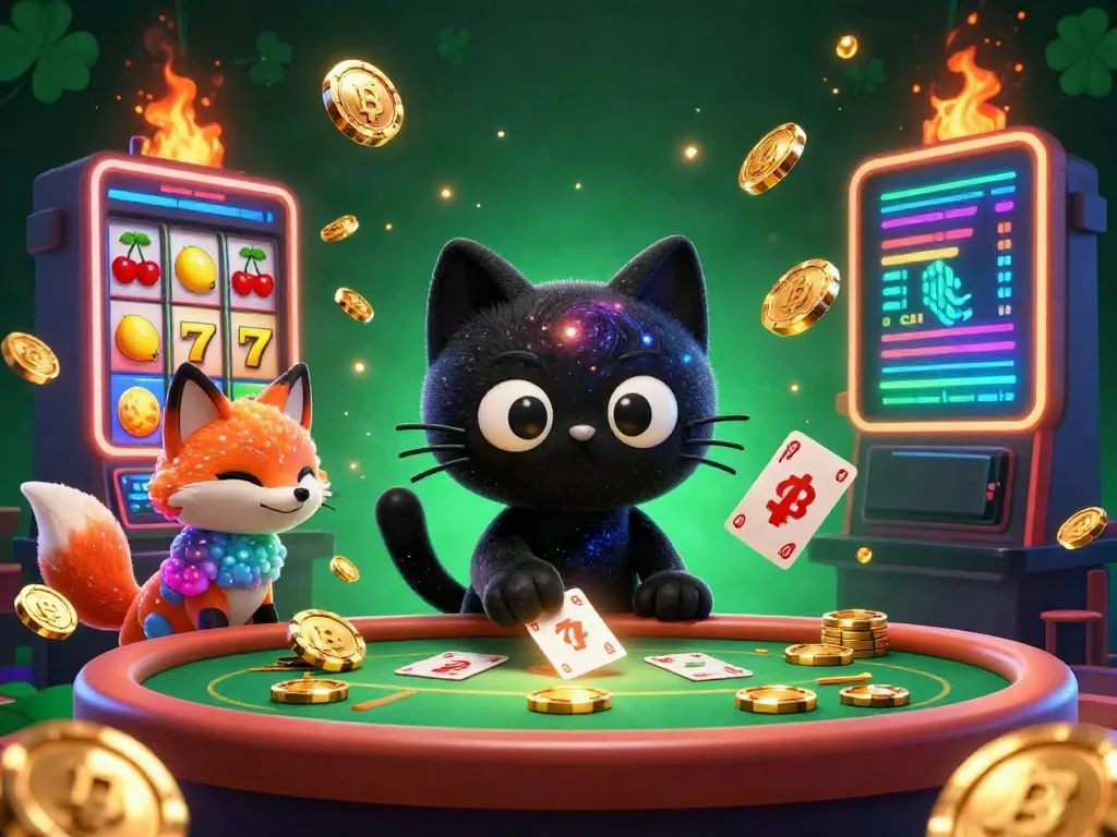 Set slot yang penuh energi dengan kucing lubang hitam 3D dan rubah nebula, mengumpulkan koin dan kartu.