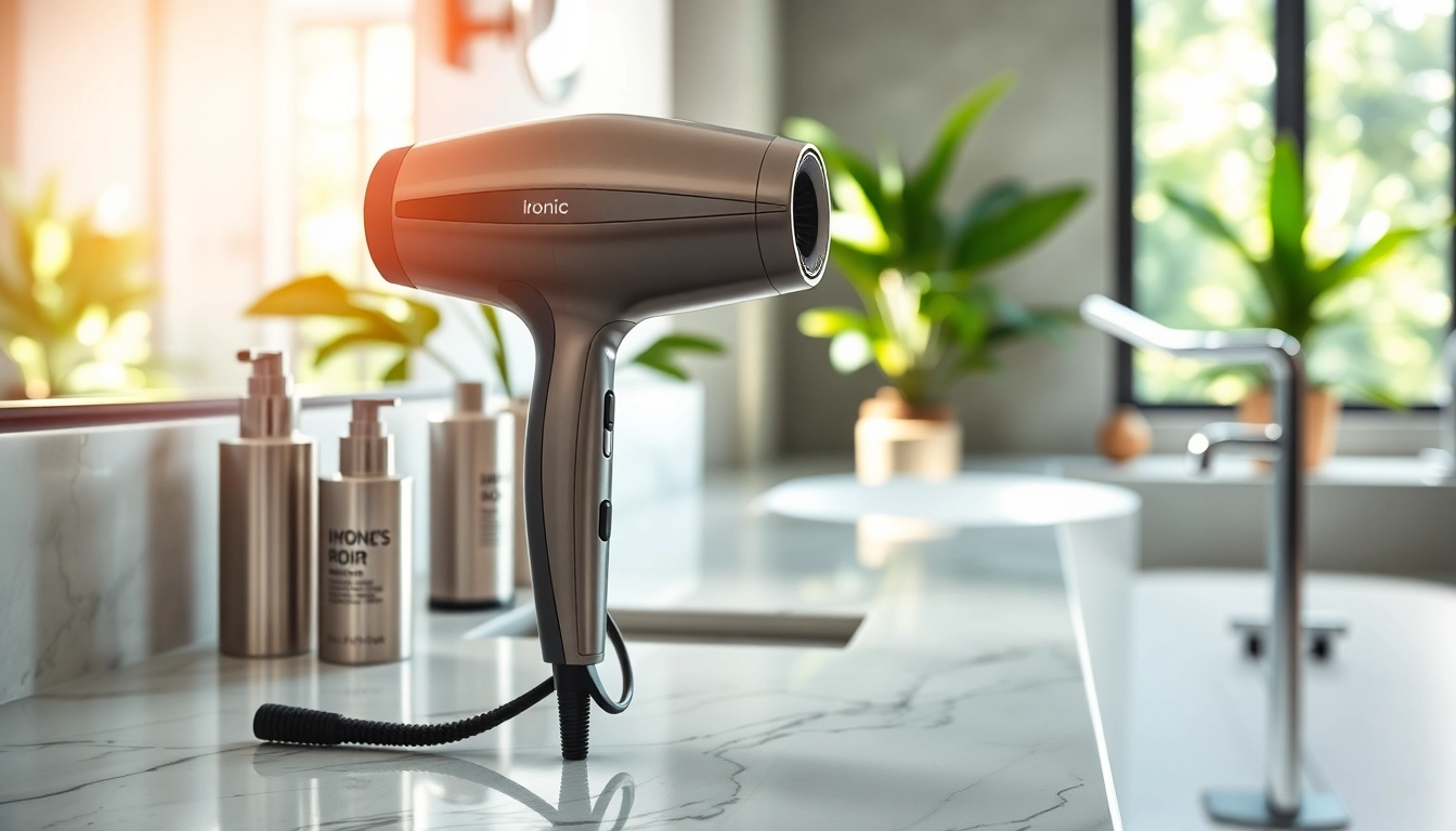 Styling with an Ionic hair dryer placed elegantly on a marble countertop in a bright bathroom.