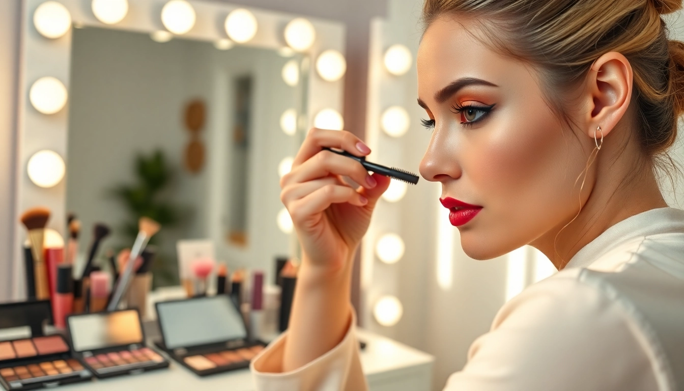 Luxe waterproof mascara enhancing long lashes during a makeup session in a bright studio.