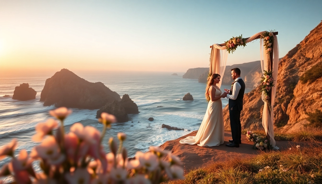 Captivating Big Sur wedding photography of a couple in a cliffside ceremony at sunset.