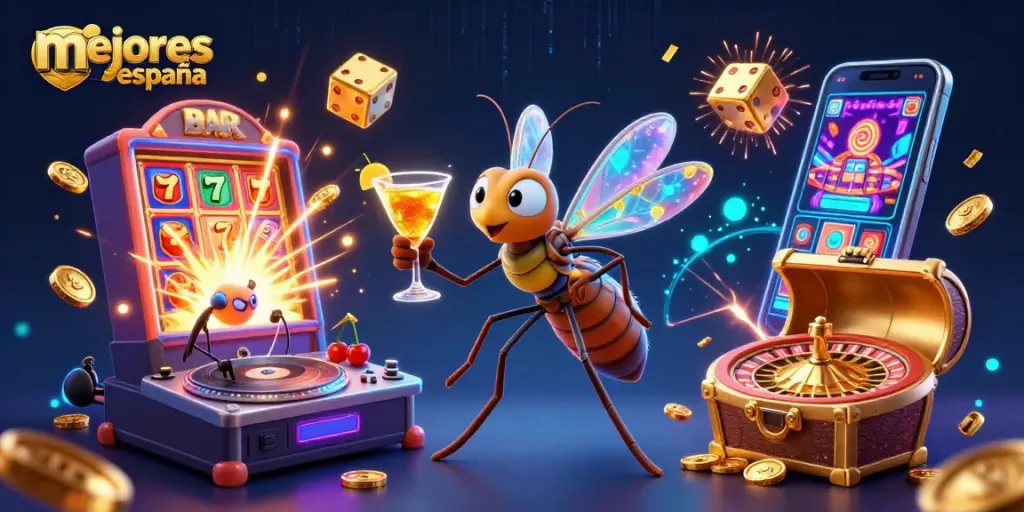 Los mejores casinos de España mostrando un mosquito de ámbar y una rueda de ruleta dorada.