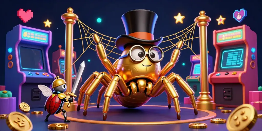 Engage in the thrill of gaming on asialive88jp with a vibrant casino scene featuring a golden tarantula and beetle knight.