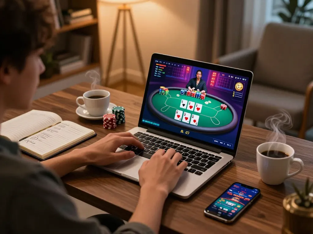 Player engaging in an online poker game on TR88, showcasing strategy and excitement in a stylish home environment.