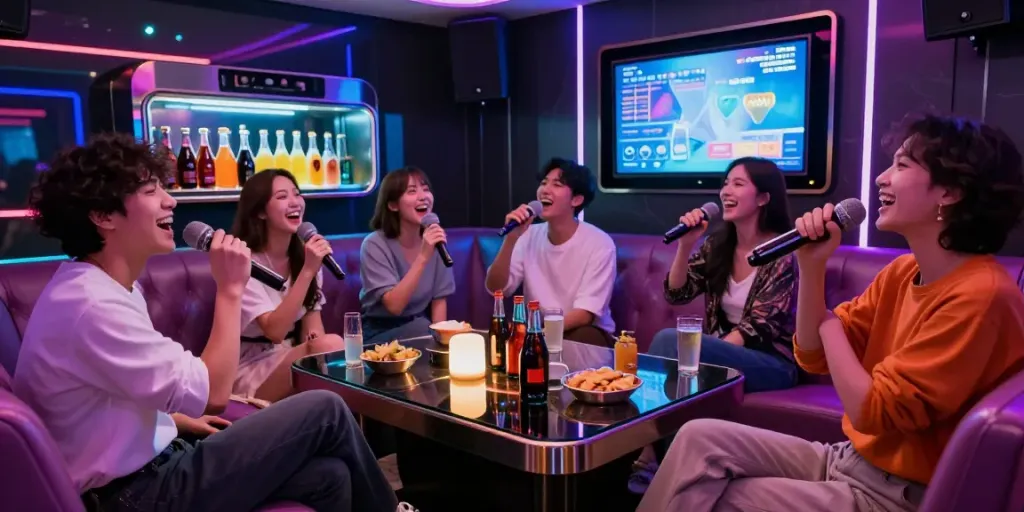 강남 달토 가라오케에서 즐거운 시간을 보내는 친구들, 세련된 분위기 강조