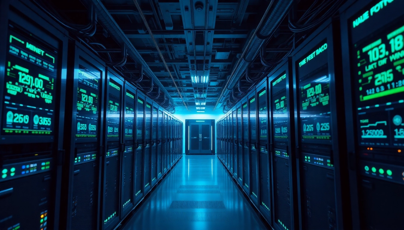 Explore the best crypto mining site with a modern cryptocurrency mining facility showcasing high-performance rigs and real-time stats.