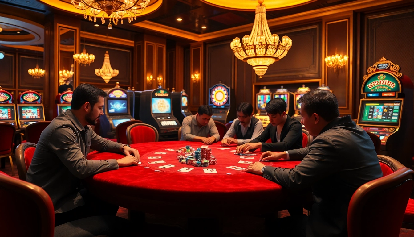 Découvrez le poker à enjeux élevés dans cette scène vibrante de casino en ligne 2026, avec des joueurs et des jetons en action.