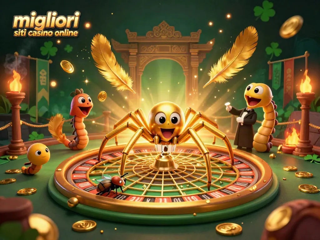 Immagine rappresentativa dei migliori siti casino online con un ragno dorato che gestisce una ruota della fortuna e un croupier millepiedi.