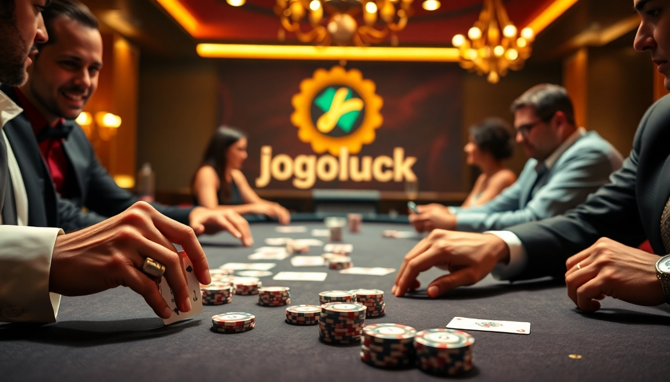 Players engaging in an intense poker game at Jogoluck's luxurious casino table.