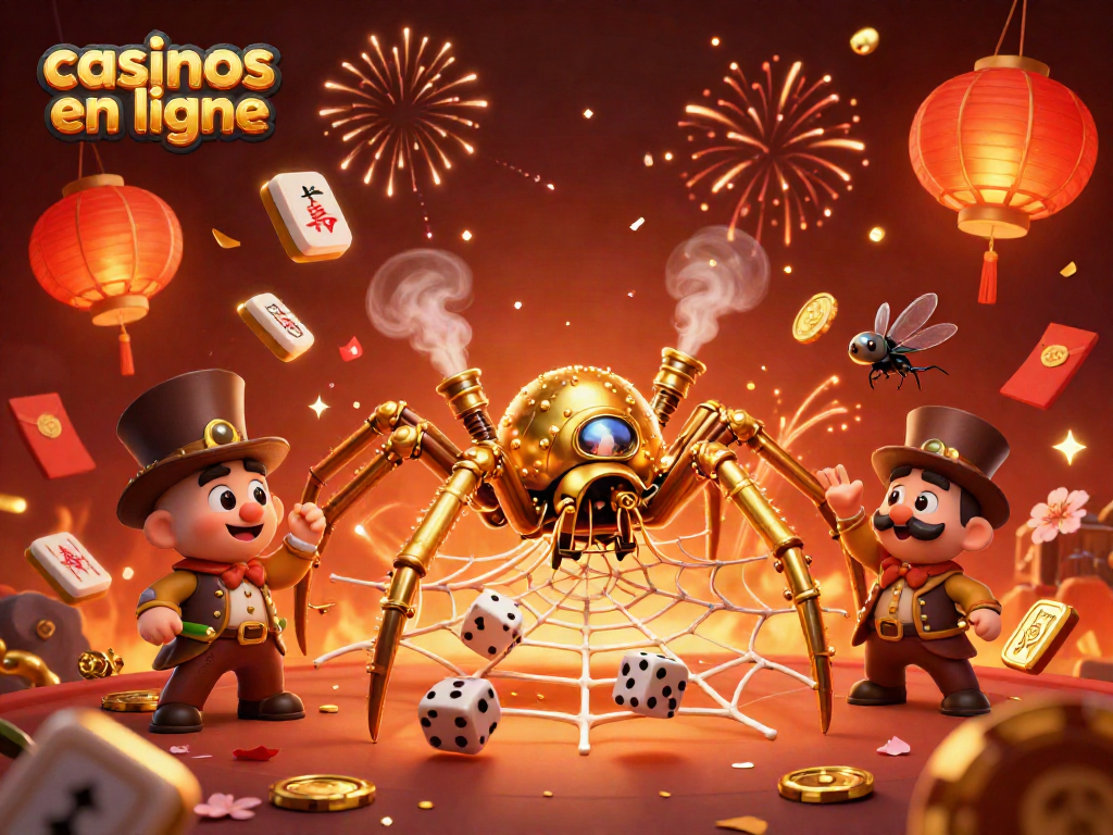 Jouez aux casinos en ligne avec cette illustration dynamique d'une araignée steampunk capturant des dés.