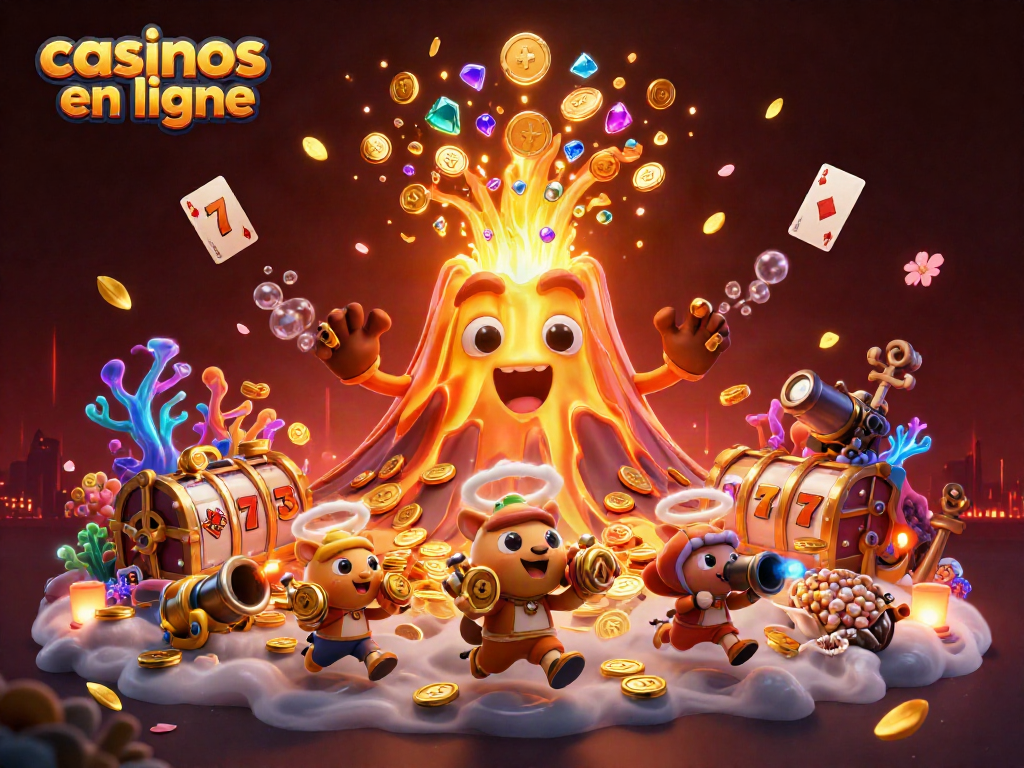 Découvrez les casinos en ligne avec une scène animée de trésors et de jeux au casino.