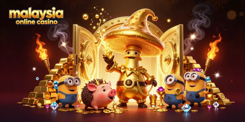 Engage in thrilling gameplay at malaysia online casino with a vibrant 3D illustration showcasing golden treasures and magical creatures.