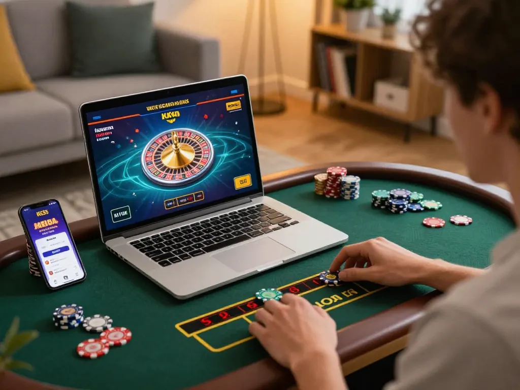 Player enjoying a live dealer game on KK55 with a cozy home setup, highlighting online gaming excitement.