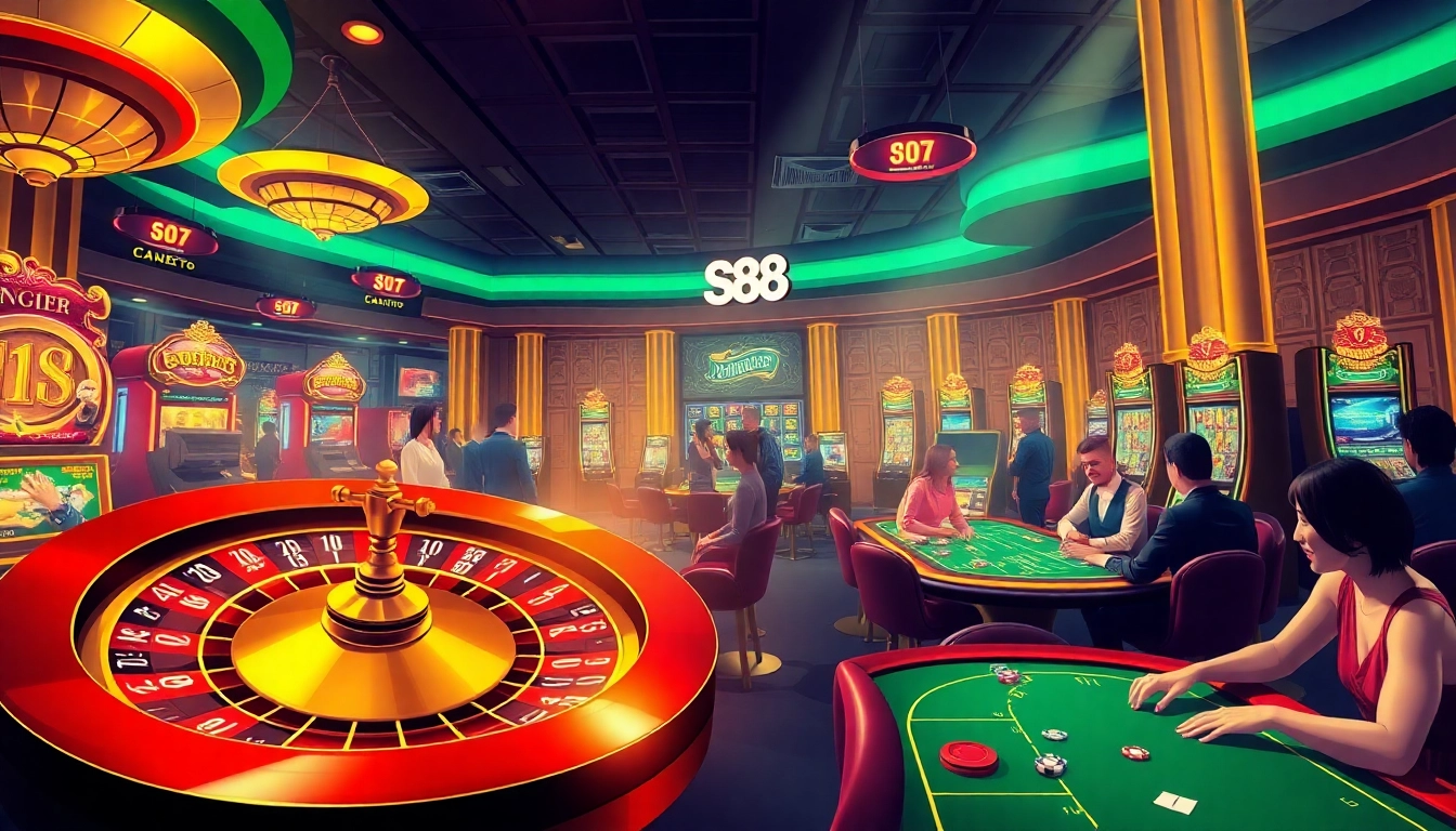 s88 nhà cái engaged players enjoying a thrilling roulette game in a luxurious online casino atmosphere.
