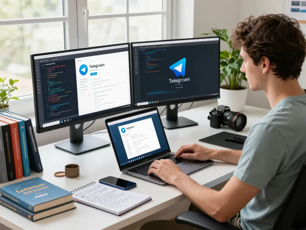Developer using Telegram app on laptop in a modern workspace while optimizing telegram 下载 experience.