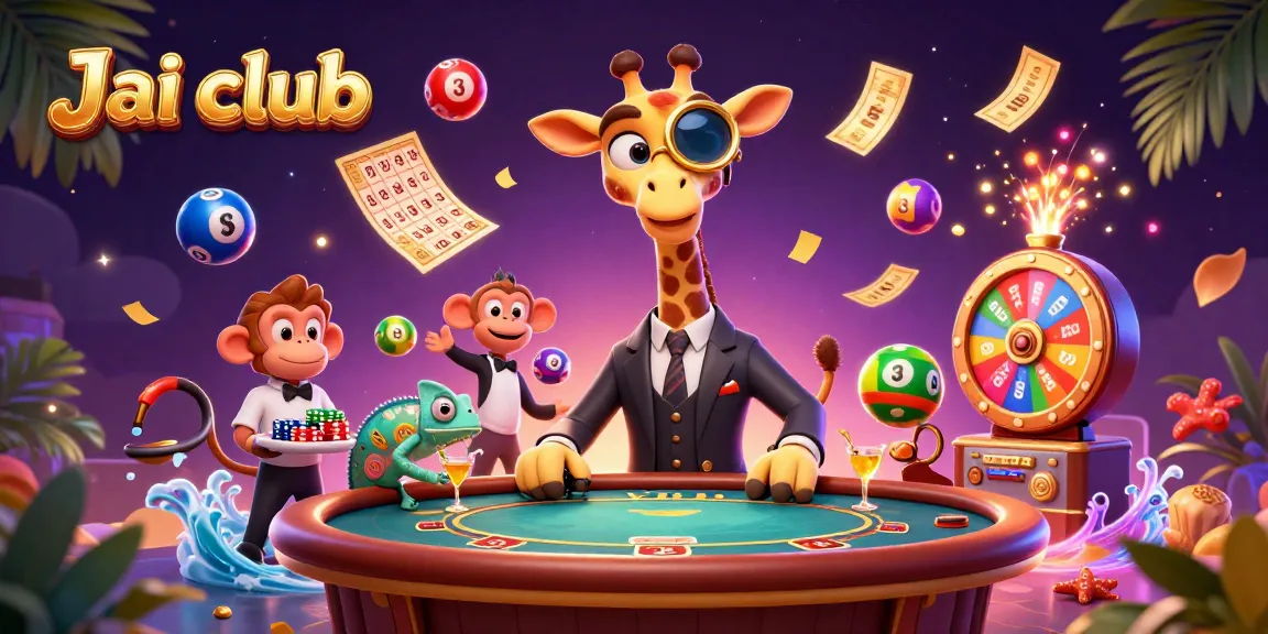 Engage with Jai club's vibrant gambling scene featuring a high-roller giraffe at a poker table.