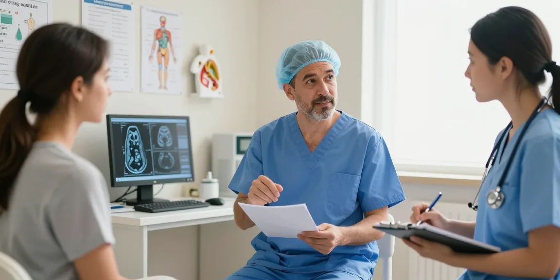 Engaging discussion about bel fıtığı ameliyatı in a medical setting with patient and surgeon.