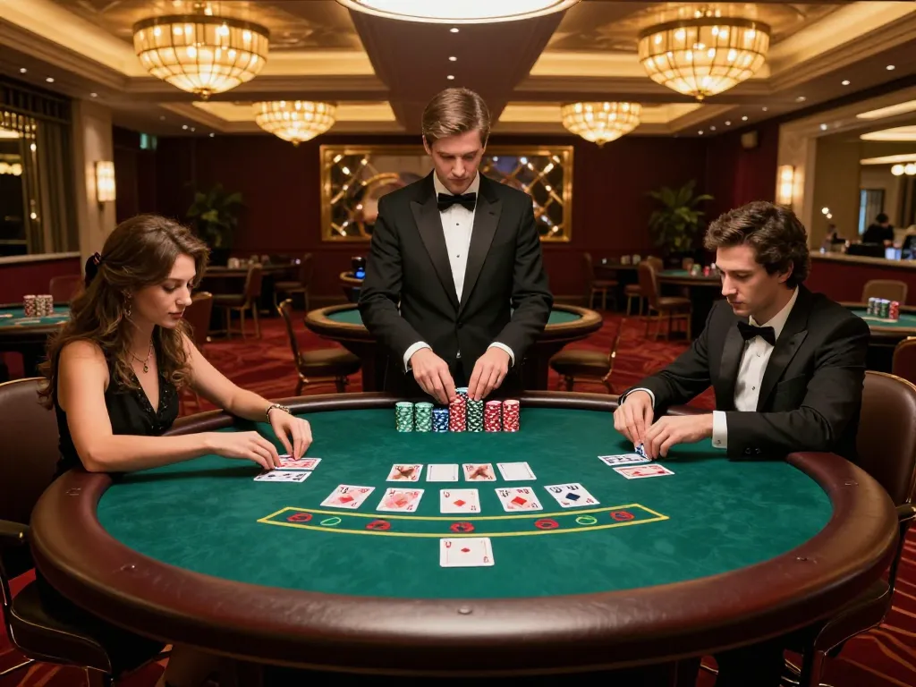 S666 baccarat game in upscale casino with players focused, dealer managing bets, elegant atmosphere.