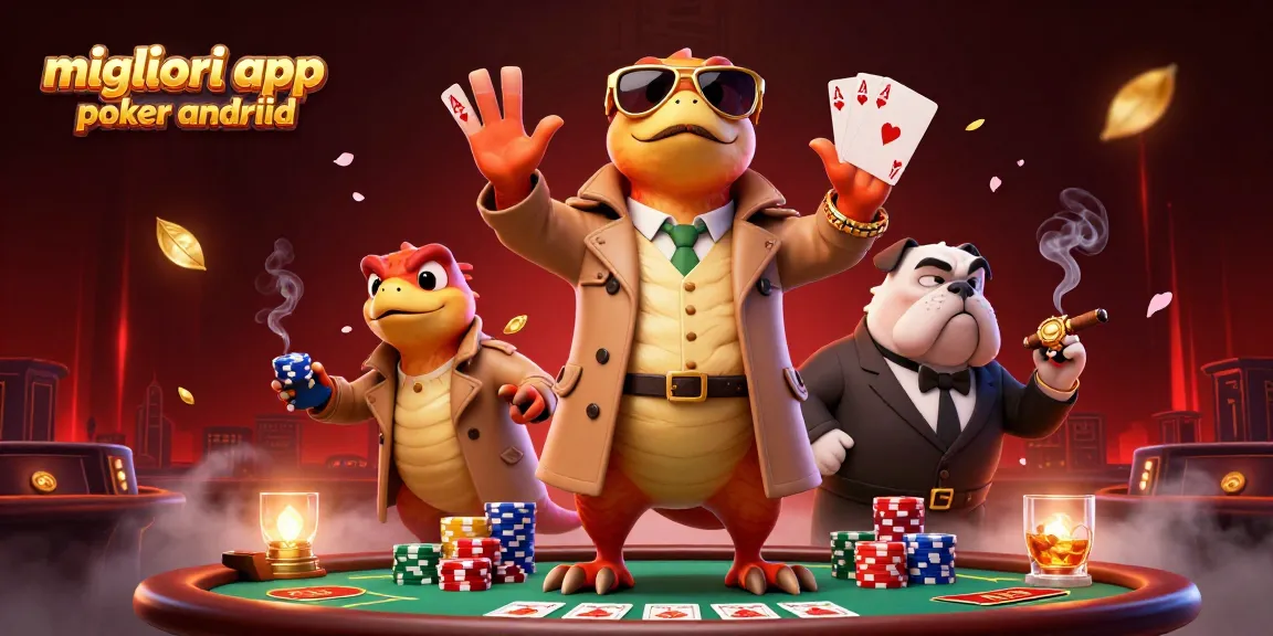 Giocare con le migliori app poker android in un'illustrazione vivace di un trio di rapaci in un casinò.