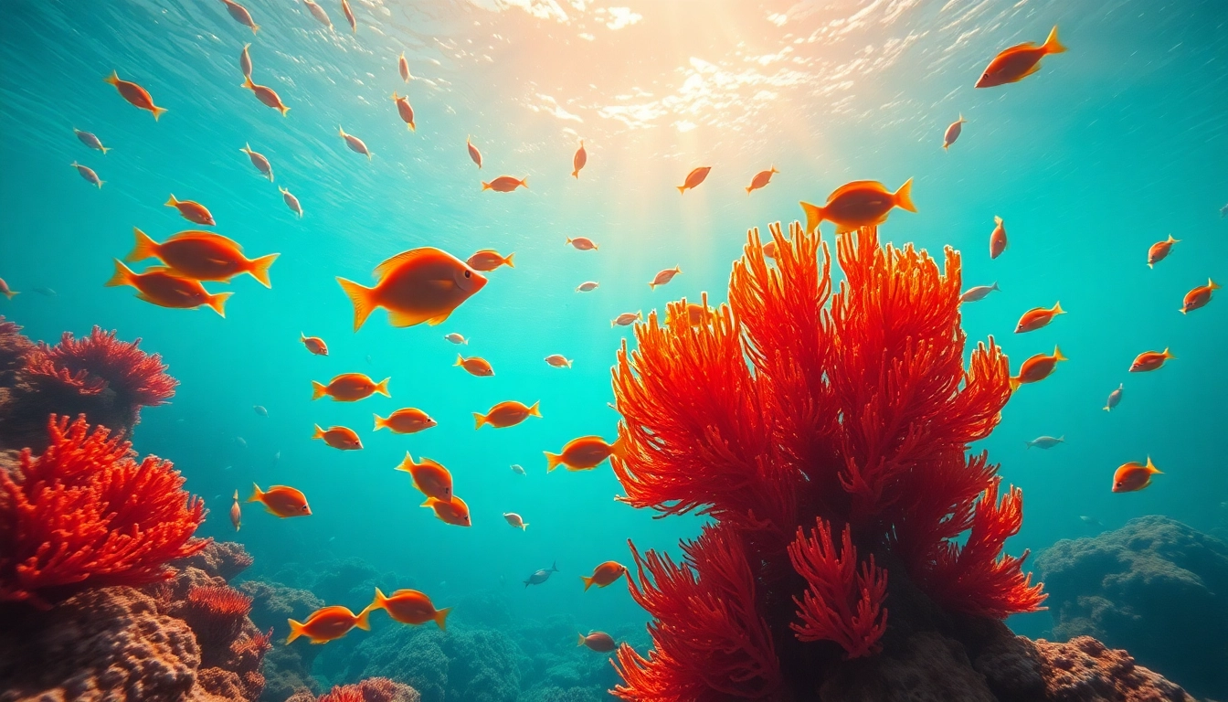 Visual representation of natural astaxanthin thriving in underwater ecosystems with vibrant colors.