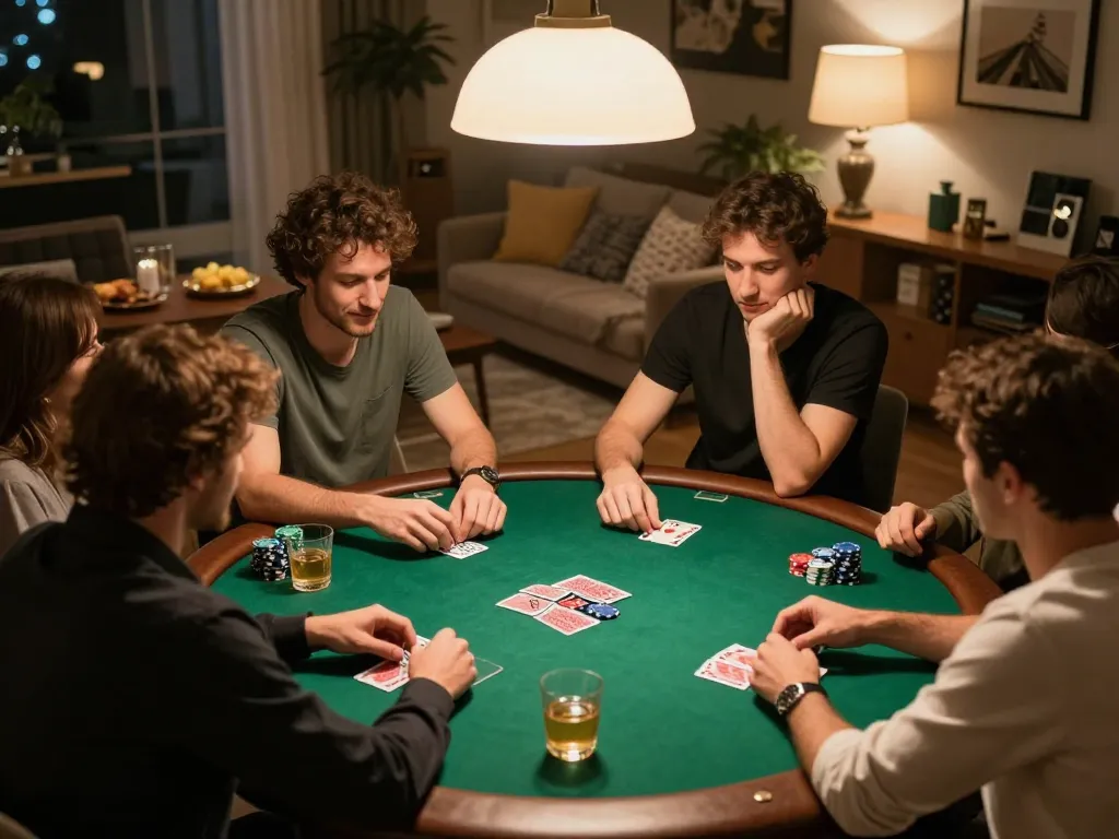 Friends enjoying a competitive poker game, exploring hidden wiki strategies in a cozy home atmosphere.