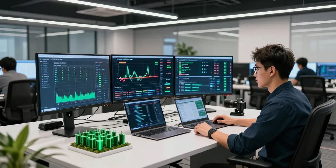 Innovative bitcoin mining company workspace with advanced technology, real-time data monitoring, and sustainable energy practices.