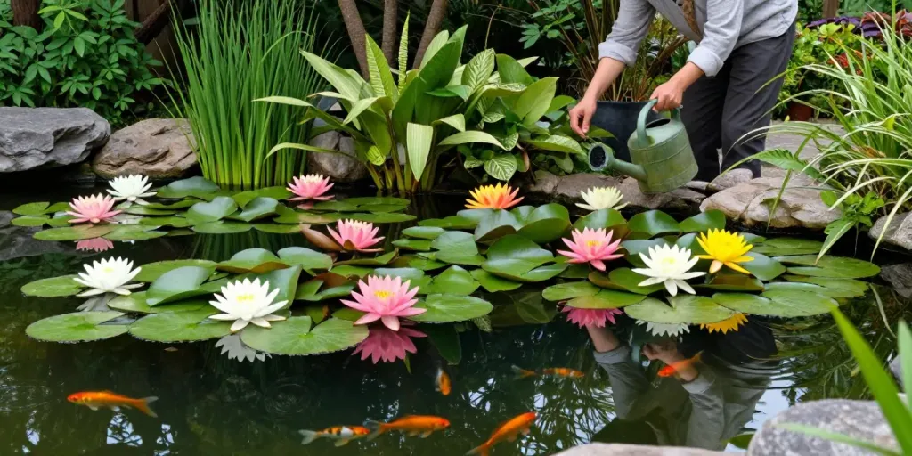 Buy Water Lilies in vibrant colors and serene pond setting with gardener tending plants.