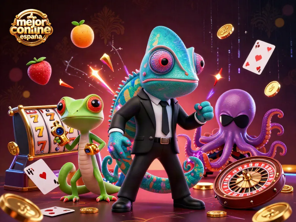 Juega en el mejor casino online España con esta rica ilustración 3D de un camaleón agente, gecko y pulpo.