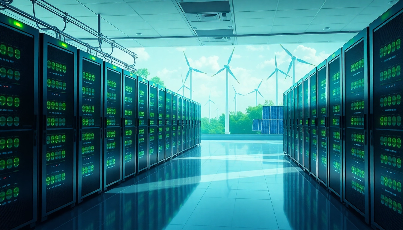 Crypto cloud mining facility showcasing high-tech servers and renewable energy sources in a professional setting.