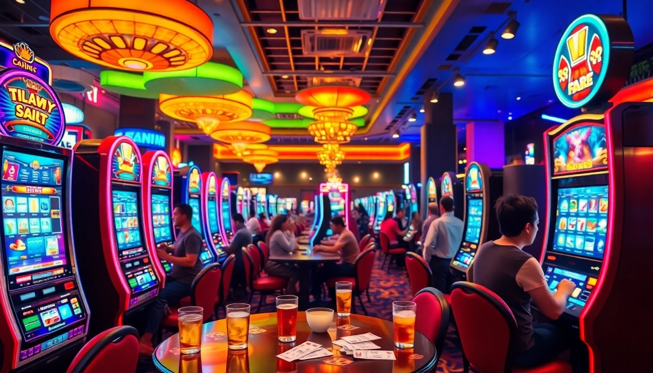 Aksi pemain di Slot77 yang penuh warna di kasino yang ramai.