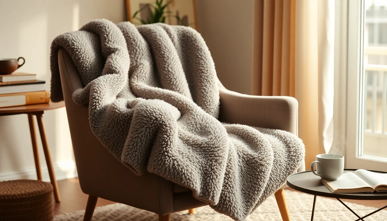 Fleece deken over een stoel in een sfeervolle woonkamer met warme verlichting.
