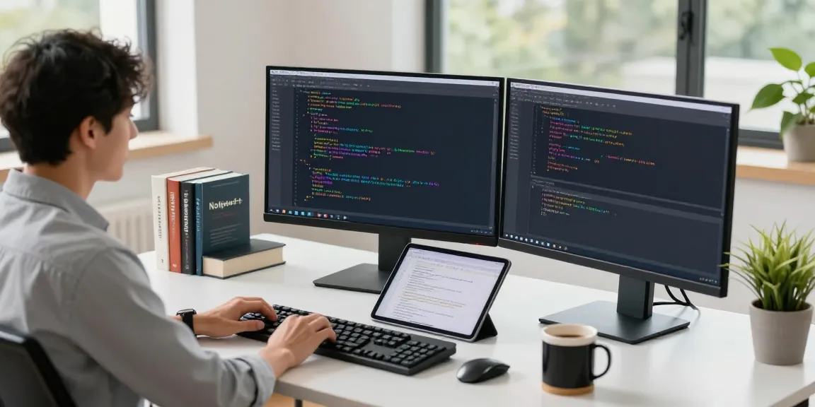 Developer coding on Notepad++ at a modern workspace with dual monitors highlighting syntax, showcasing a tech atmosphere.