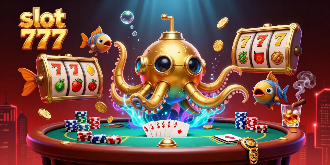 Mainkan slot 777 dengan tema kapal selam kraken yang dikelilingi koin emas dan elemen kasino menarik.