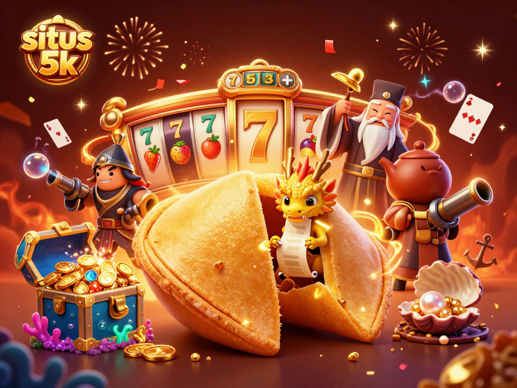 Play exciting games at situs slot 5k with vibrant 3D illustrations of fortune cookies and lucky symbols.